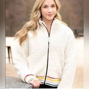 Ivory Ella Cream Fleece Jacket with Rainbow Accents